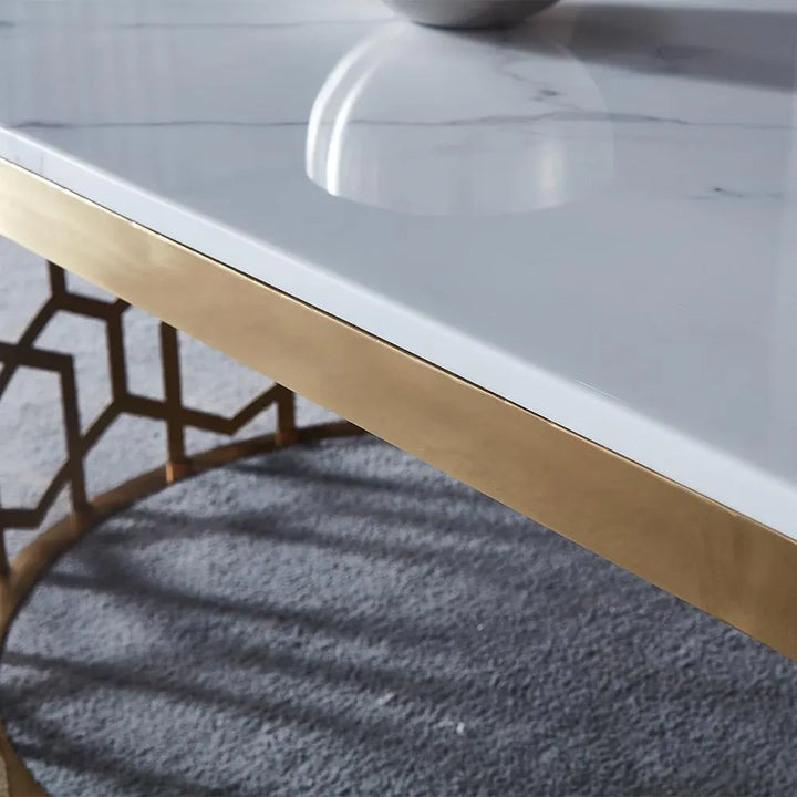 Detail view of custom-made oval coffee table highlighting side finishing and elegant craftsmanship