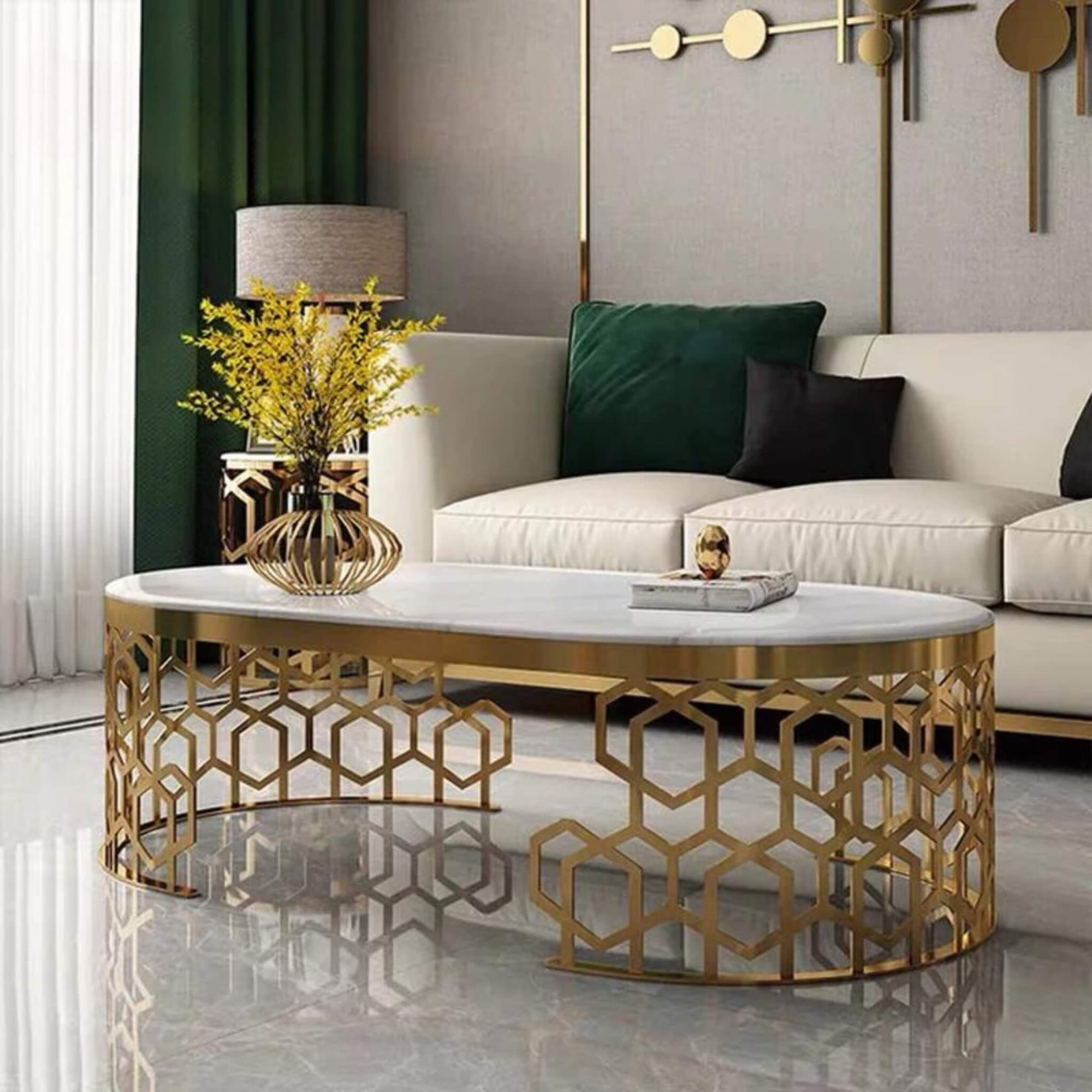 Custom-made oval coffee table with sleek design placed in modern living room, featuring smooth golden copper finish and minimalist style