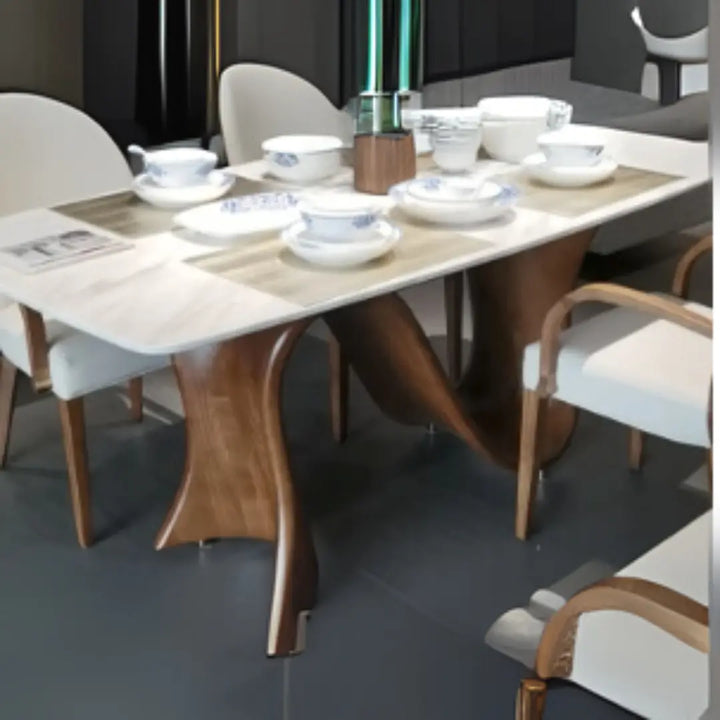 Customised solid wood dining table with marble top, 200cm length, seating 8 people