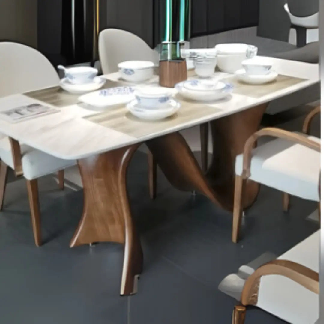 Customised solid wood dining table with marble top, 200cm length, seating 8 people