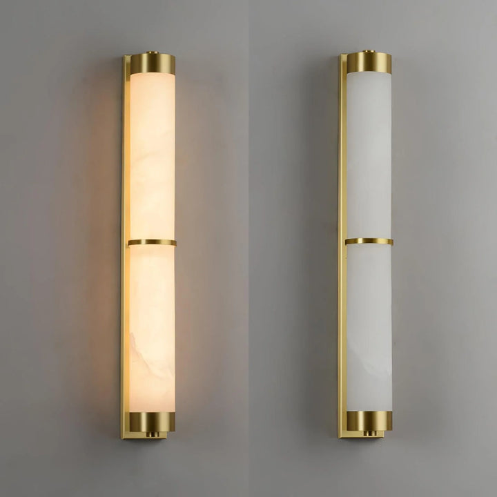 Cylindra alabaster brass wall light shown on and off from front view, highlighting modern elegant design