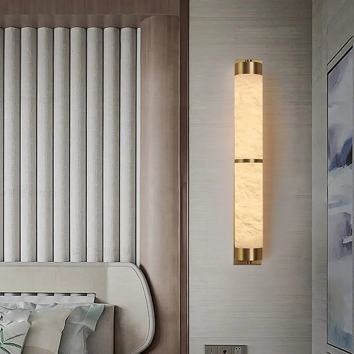 Cylindra Alabaster Brass Wall Light bedroom view stylish modern wall lamp for cozy interiors