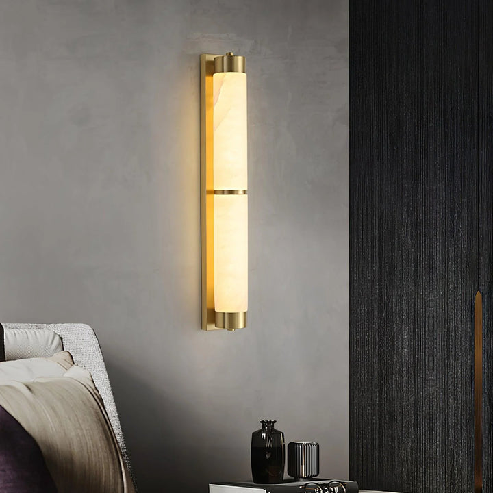 Cylindra Alabaster Brass Wall Light bedside wall close view elegant modern bedroom lighting