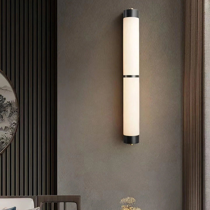Cylindra Alabaster Brass Wall Light front view modern elegant wall lamp for stylish interiors