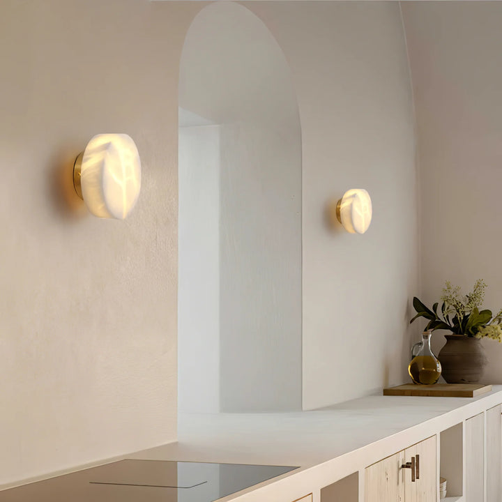Side wall view of cylindrical alabaster wall light for modern and elegant home décor