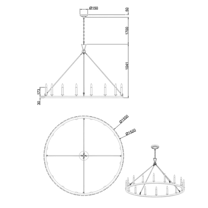 Darlana round pendant lamp modern lighting product size and dimensions view