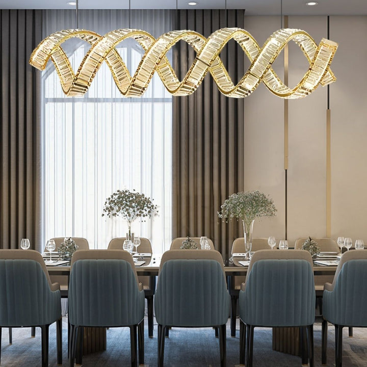 Daybreak Two Wave Crystal Chandelier Light Hanging Above Dining Table – Elegant Modern Lighting
