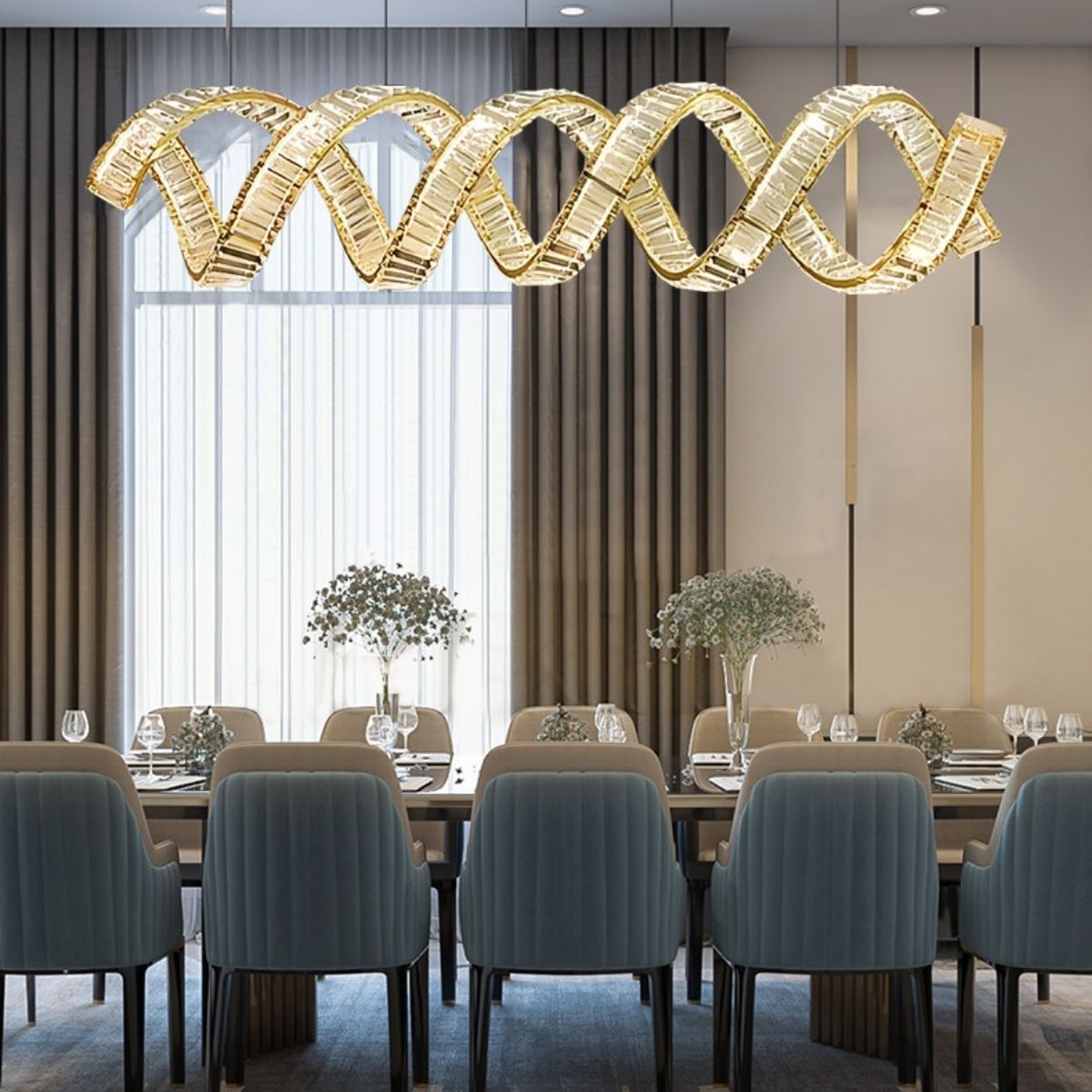Daybreak Two Wave Crystal Chandelier Light Hanging Above Dining Table – Elegant Modern Lighting