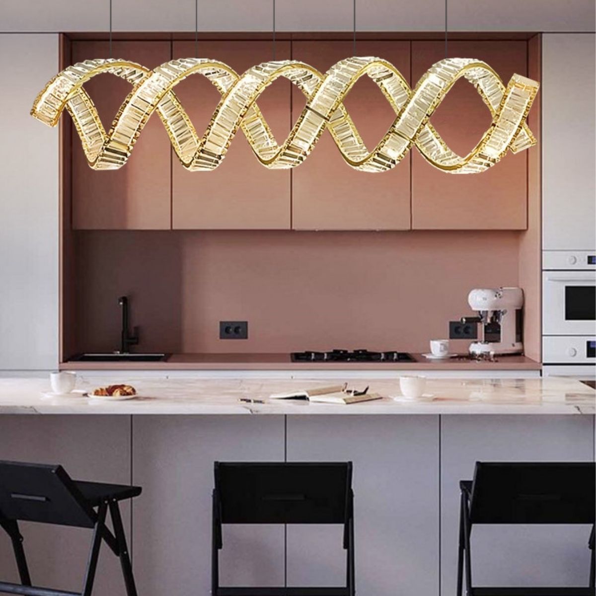 Daybreak Two Wave Crystal Chandelier Light Hanging Above Kitchen Table – Modern Elegant Fixture