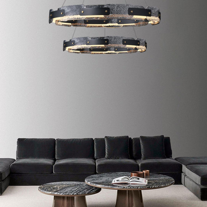 Dazzle dual-layer chandelier lighting up luxury living room, creating a stunning and elegant atmosphere with sparkling crystals