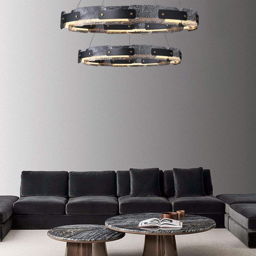 Dazzle dual-layer chandelier lighting up luxury living room, creating a stunning and elegant atmosphere with sparkling crystals