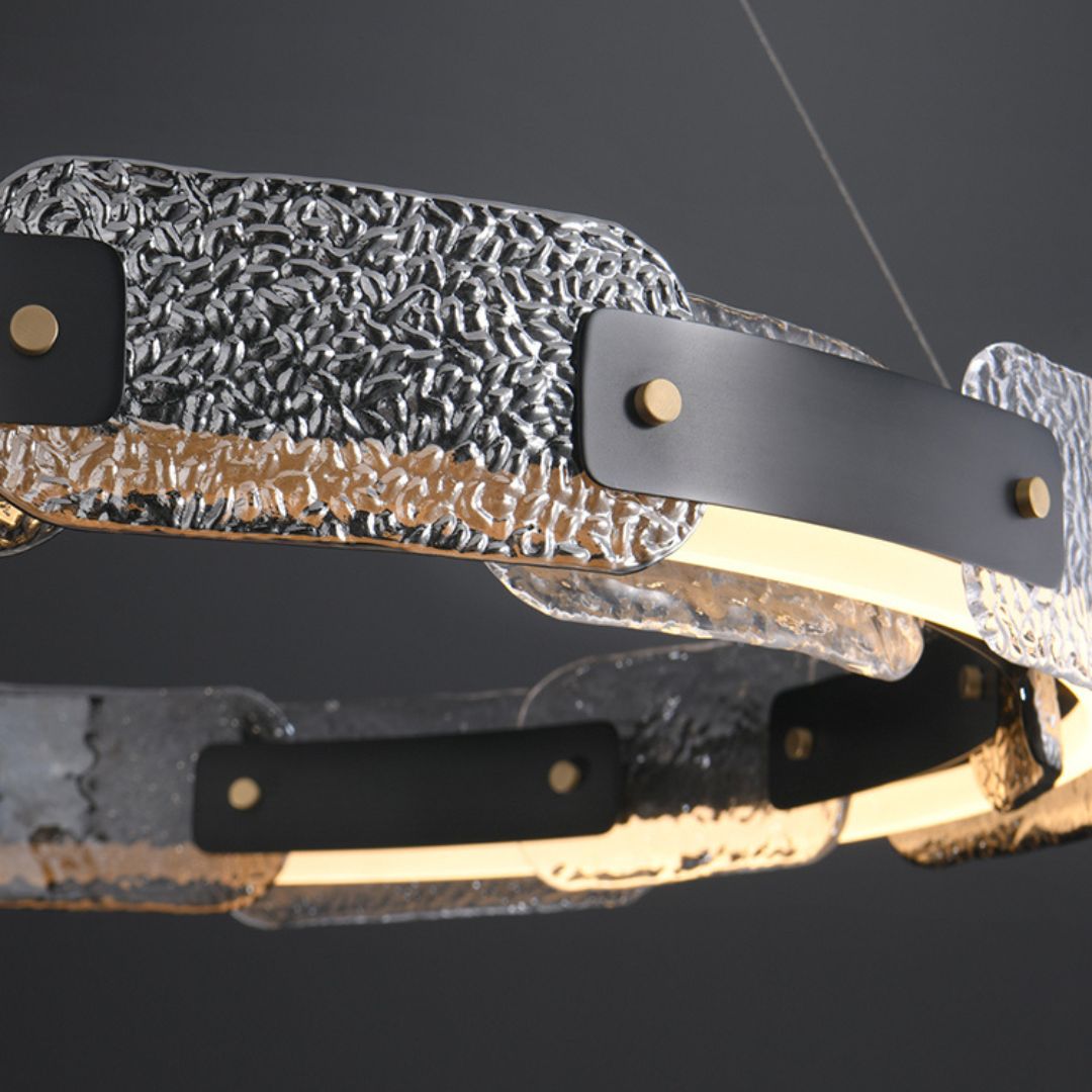Close-up detail of ring on Dazzle dual-layer chandelier, showcasing intricate crystal arrangement and polished finish