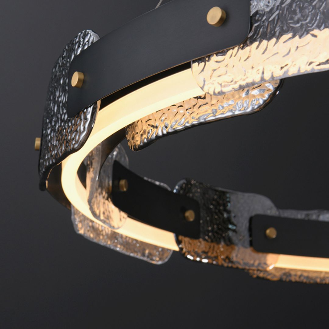 Close-up view of ring detail on Dazzle dual-layer chandelier, highlighting refined crystal design and polished metal finish