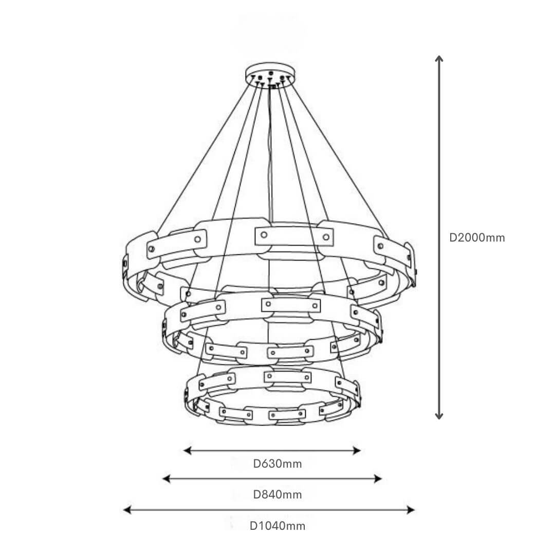 Dazzle three-tier chandelier light with precise dimensions, designed for grand spaces and elegant interior lighting