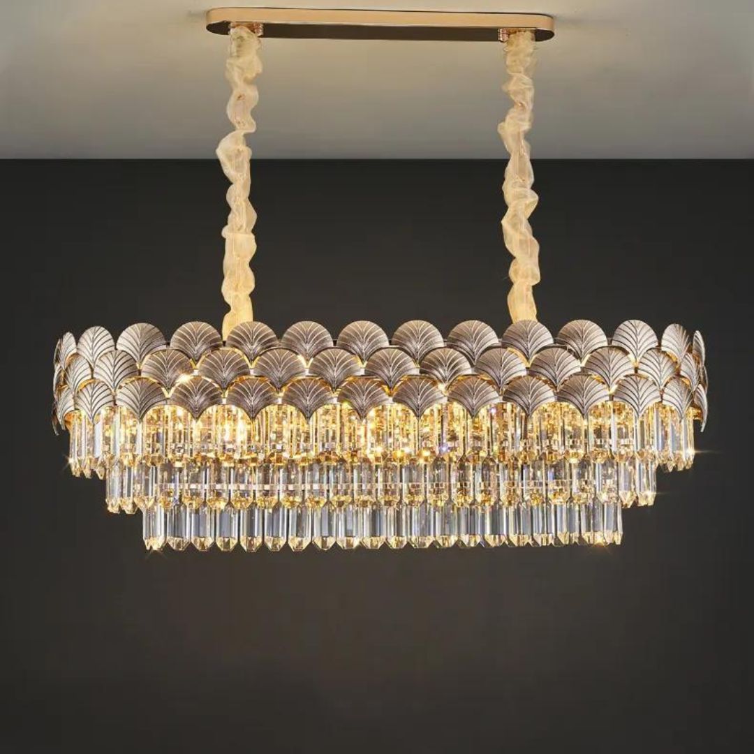 Front view of dazzling crystal chandelier light, featuring sparkling crystals and luxurious design