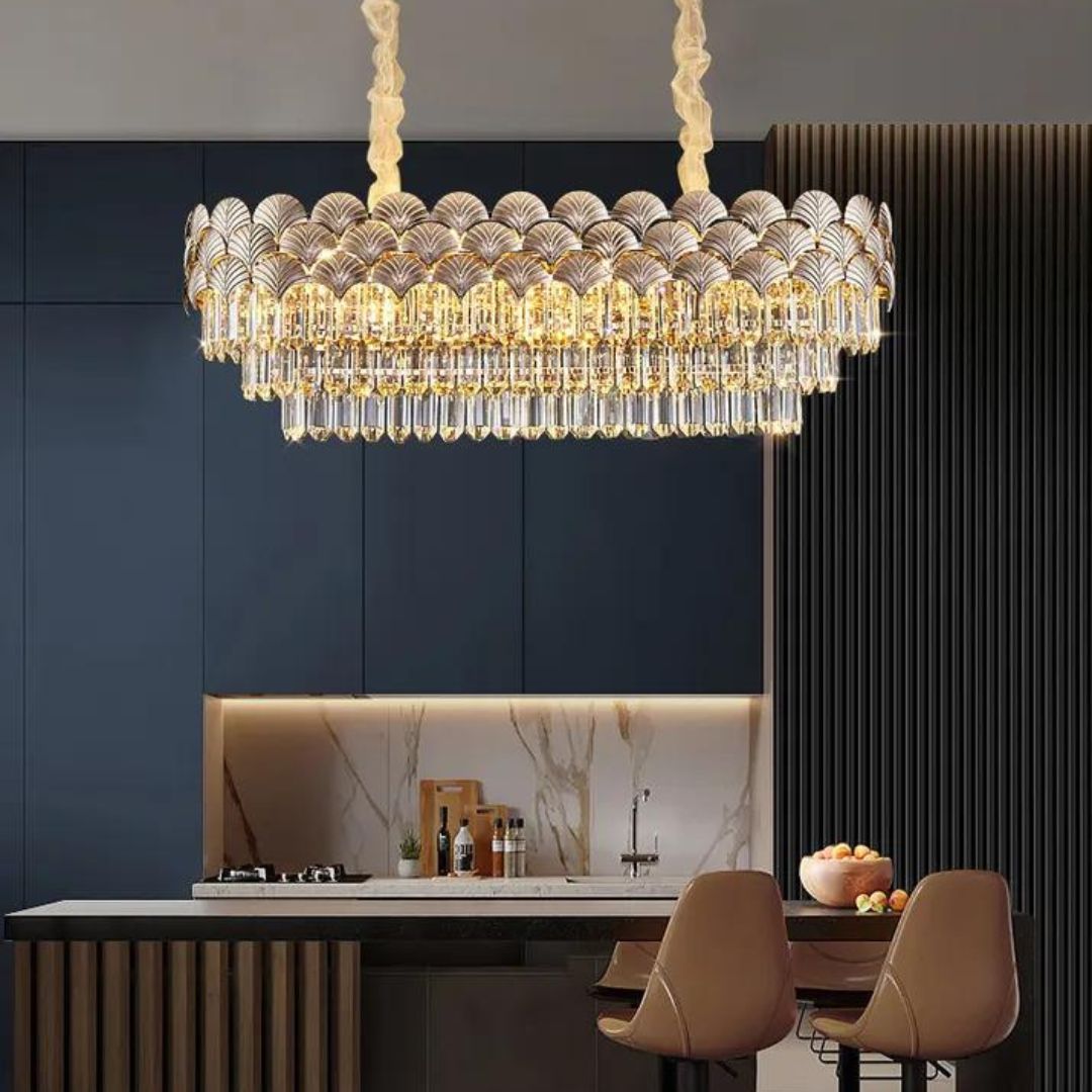 Dazzling crystal chandelier light hanging above kitchen table, enhancing modern elegance and bright ambiance