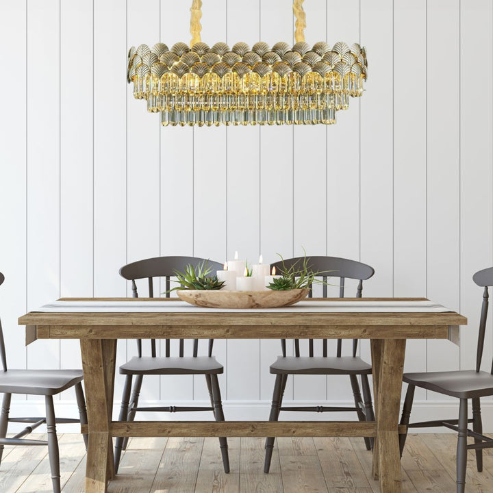 Dazzling crystal chandelier light hanging above dining table, creating an elegant and radiant atmosphere