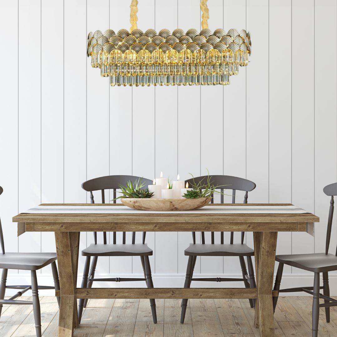 Front view of dazzling crystal chandelier light, featuring sparkling crystals and luxurious design