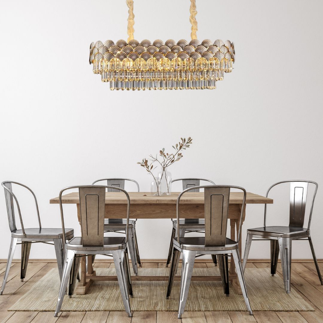 Dazzling crystal chandelier light above luxury dining table, adding sparkling elegance and sophisticated ambiance
