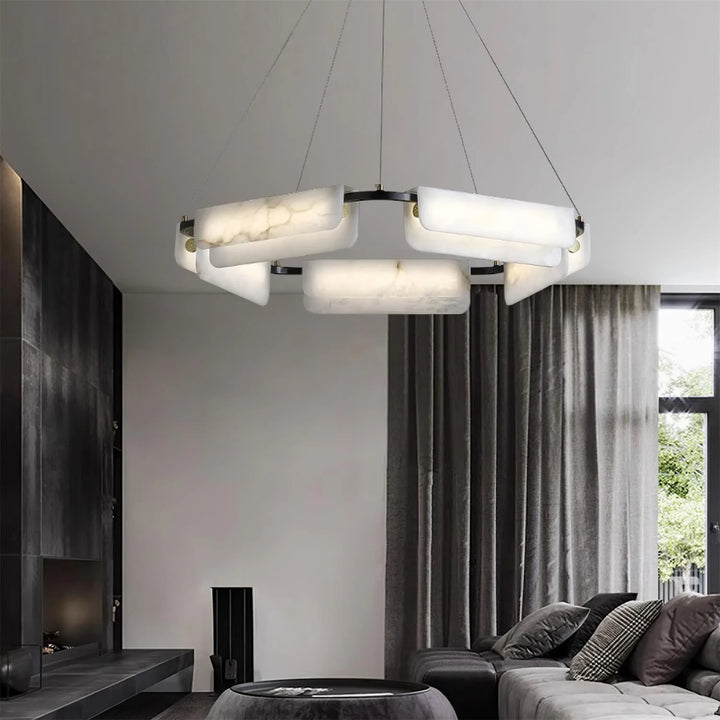 Delia Alabaster chandelier – modern hanging light fixture in living room setting