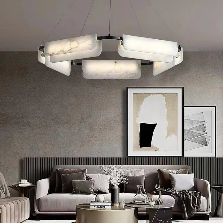 Delia Alabaster chandelier – modern hanging light fixture in living room view