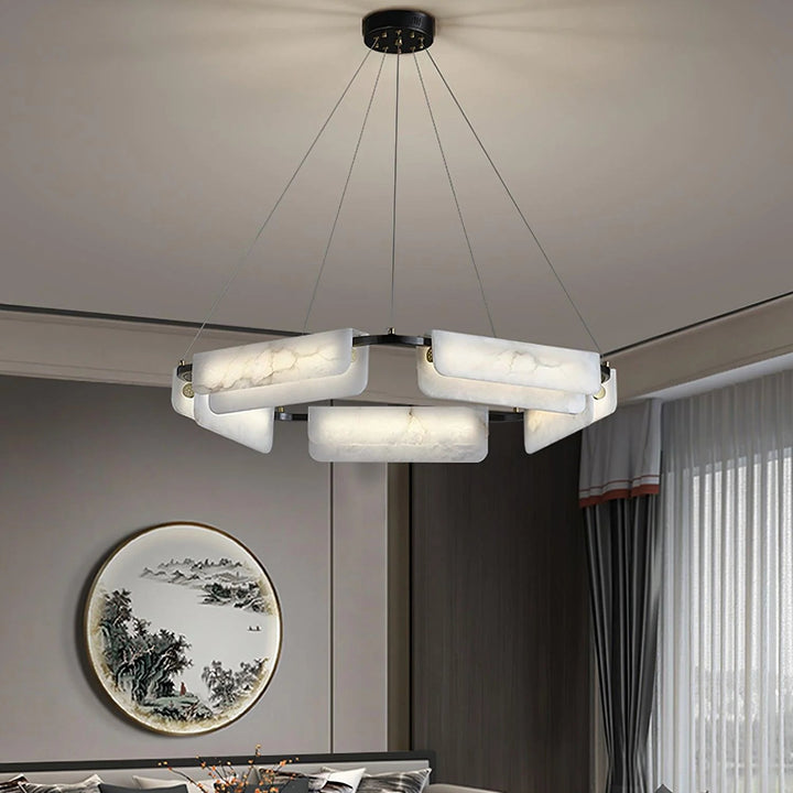 Delia Alabaster chandelier – front view of modern hanging light fixture in living room