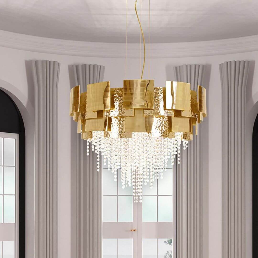 Front View Detail of Spark Gold Crystal Chandelier Light – Luxurious Modern Lighting Fixture