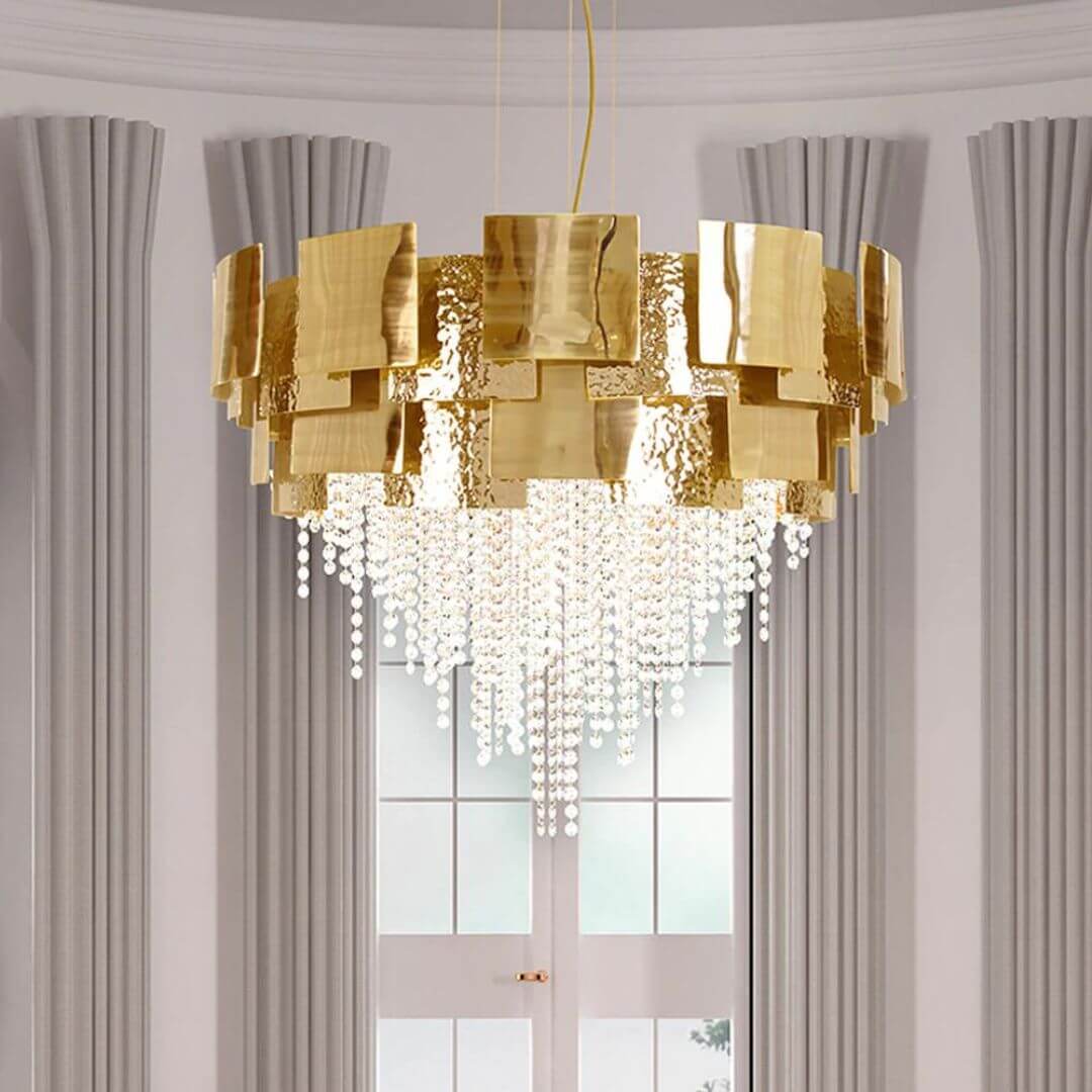 Front View Detail of Spark Gold Crystal Chandelier Light – Luxurious Modern Lighting Fixture