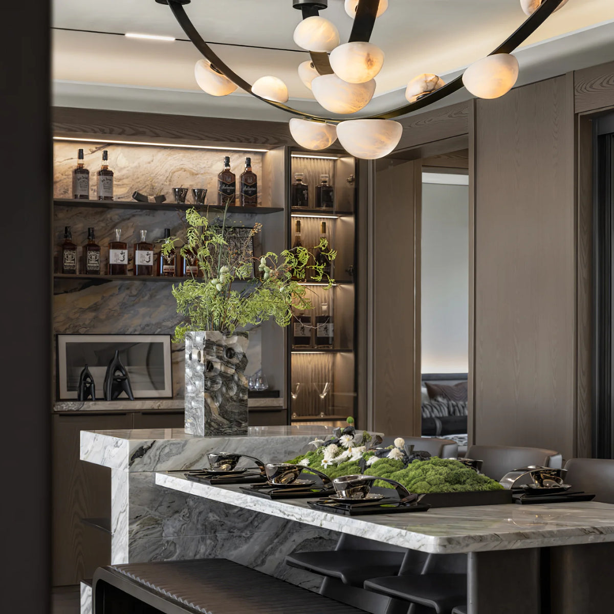 Dew Drops Alabaster chandelier in living room modern interior view