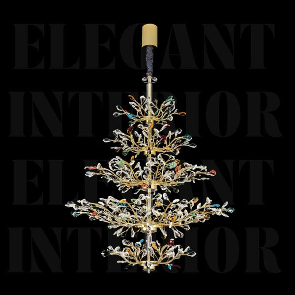 Donya Aurora Multicolor Crystal Tree Chandelier featuring vibrant crystal branches and elegant gold frame