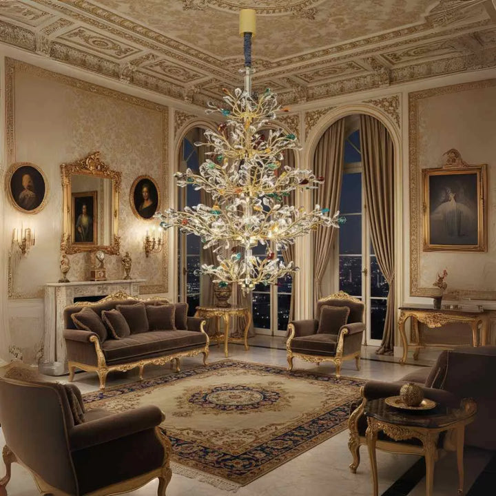 Donya Aurora Multicolor Crystal Tree Chandelier in luxury living room showcasing vibrant crystals and gold branches