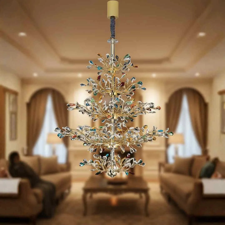 Close living room view of Donya Aurora Multicolor Crystal Tree Chandelier highlighting vibrant crystal details