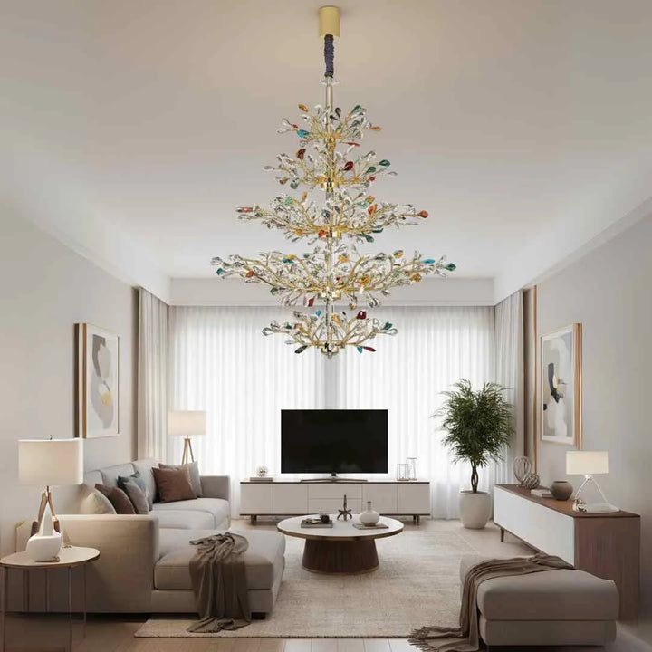 Donya Aurora Multicolor Crystal Tree Chandelier in living room showcasing colorful crystals and elegant gold design