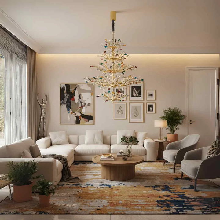 Donya Aurora Multicolor Crystal Tree Chandelier in living room featuring radiant multicolor crystals and gold branches
