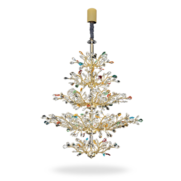 Front view of Donya Aurora multicolor crystal tree chandelier showcasing vibrant and elegant design