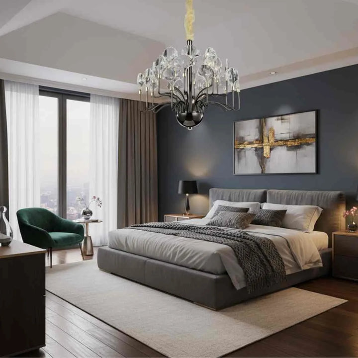 Donya Black Crystal Leaf Chandelier in bedroom showcasing elegant black frame and sparkling crystal leaves