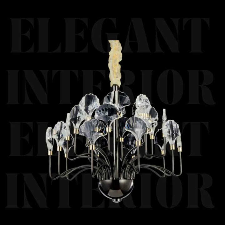 Front view of Donya Black Crystal Leaf Chandelier highlighting elegant black frame and sparkling crystal leaves