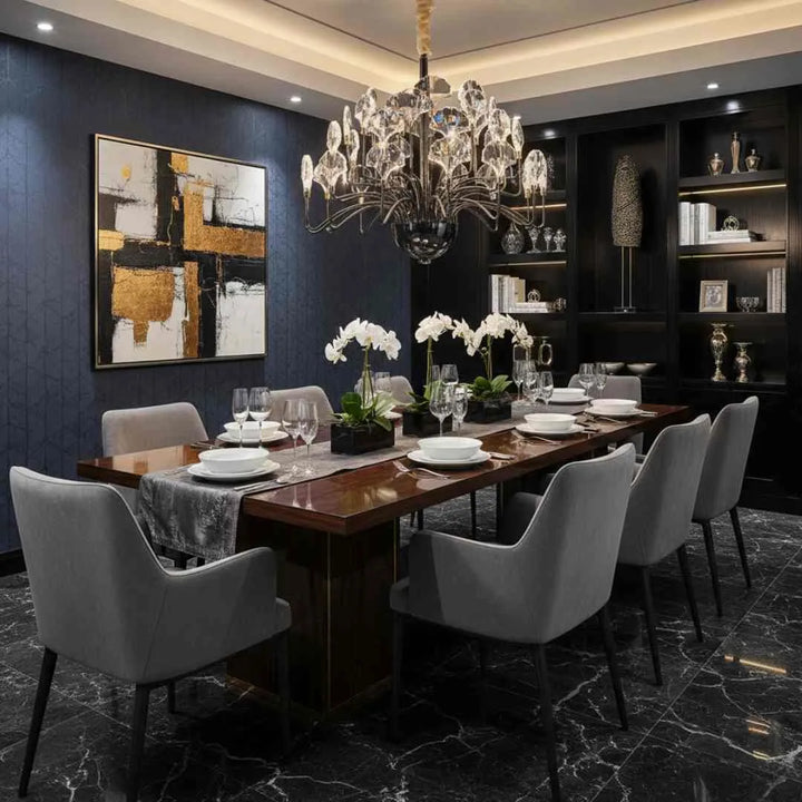 Donya Black Crystal Leaf Chandelier front view in dining room showcasing elegant black frame and sparkling crystal leaves