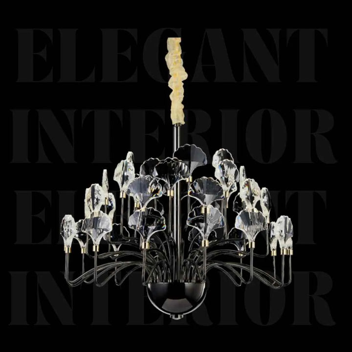 Front view of Donya Black Crystal Leaf Chandelier highlighting sleek black frame and sparkling crystal leaves
