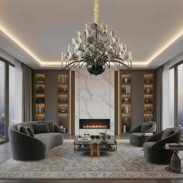 Donya Black Crystal Leaf Chandelier hanging in living room showcasing elegant black frame and sparkling crystal leaves