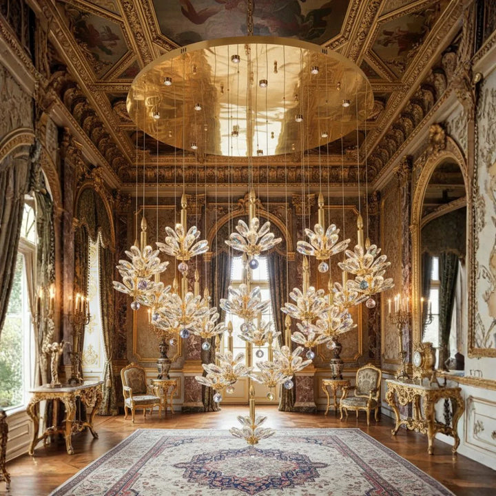 Donya Cascade Gold crystal chandelier close-up view for living room elegance