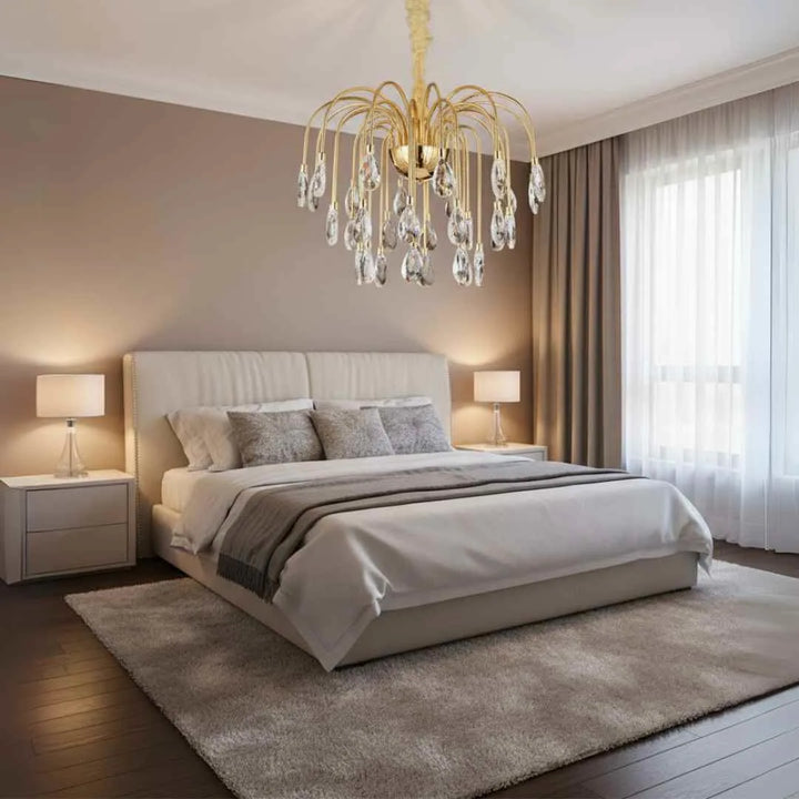Donya Cascading Gold Crystal Chandelier in bedroom showcasing elegant gold frame and cascading crystal design