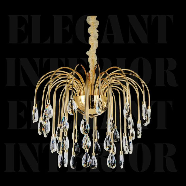 Front view of Donya Cascading Gold Crystal Chandelier showcasing luxurious gold frame and cascading crystal design