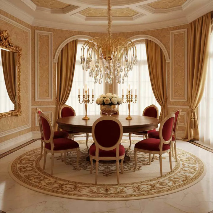 Donya Cascading Gold Crystal Chandelier in dining room showcasing elegant gold frame and cascading crystal strands