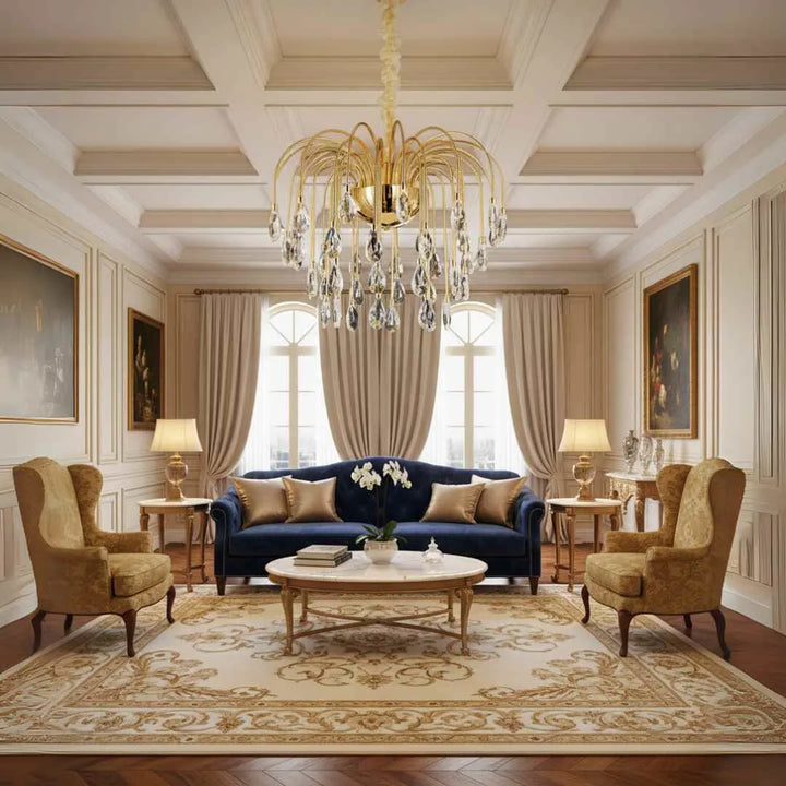Donya Cascading Gold Crystal Chandelier in living room showcasing luxurious gold design and cascading crystal details