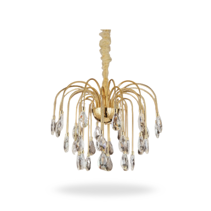Donya Cascading gold crystal chandelier featuring luxurious layered design with sparkling crystals