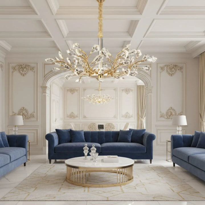 Donya Crystal Blossom Gold Branch Chandelier front view in luxury living room showcasing elegant crystal design