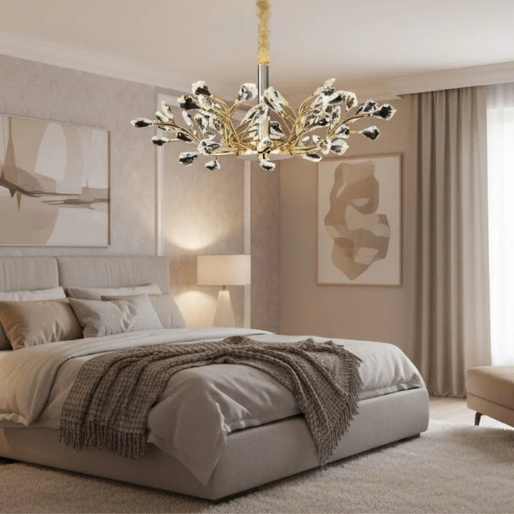 Donya Crystal Blossom Gold Branch Chandelier hanging in bedroom showcasing elegant gold and crystal design