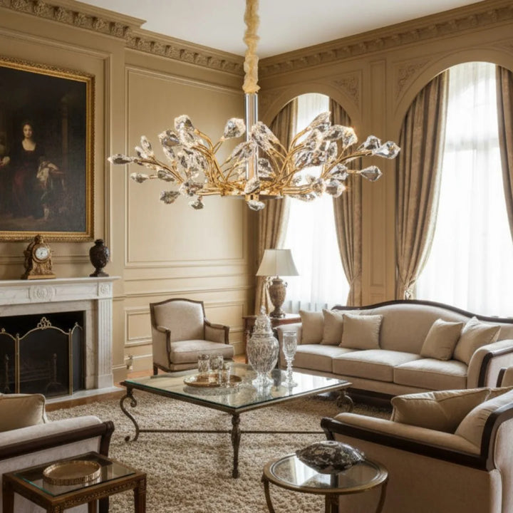 Donya Crystal Blossom Gold Branch Chandelier in living room showcasing luxurious gold branches and crystal blooms