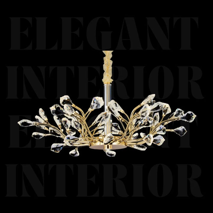 Front view of Donya Crystal Blossom Gold Branch Chandelier highlighting elegant gold frame and crystal flowers